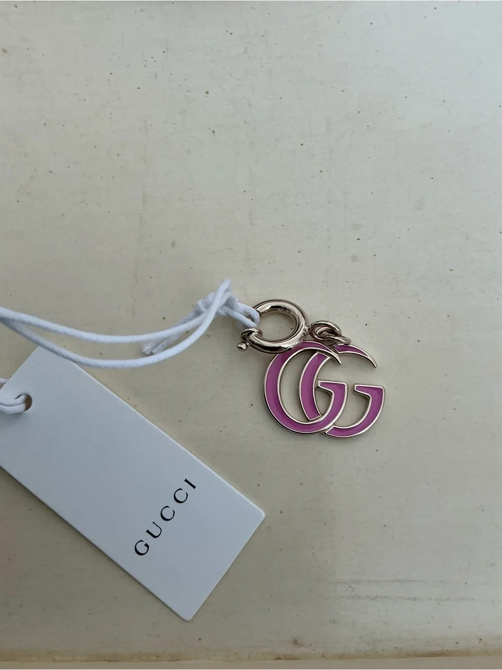 NEW IN BOX GUCCI PINK ENAMEL DOUBLE G LOGO BAG CHARM